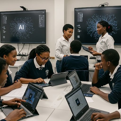 School students learning AI concepts on laptops